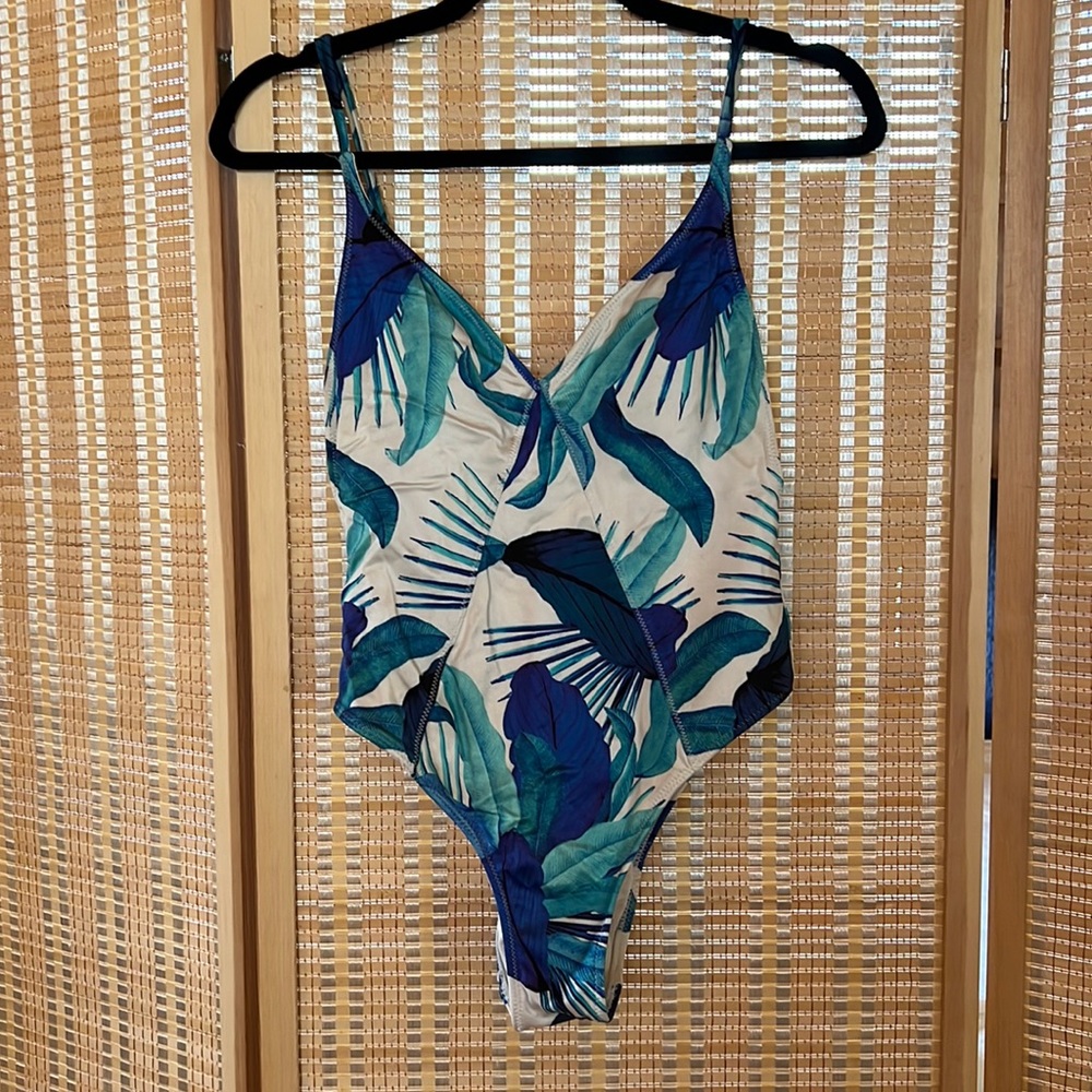 Floral blue one piece bathing suit